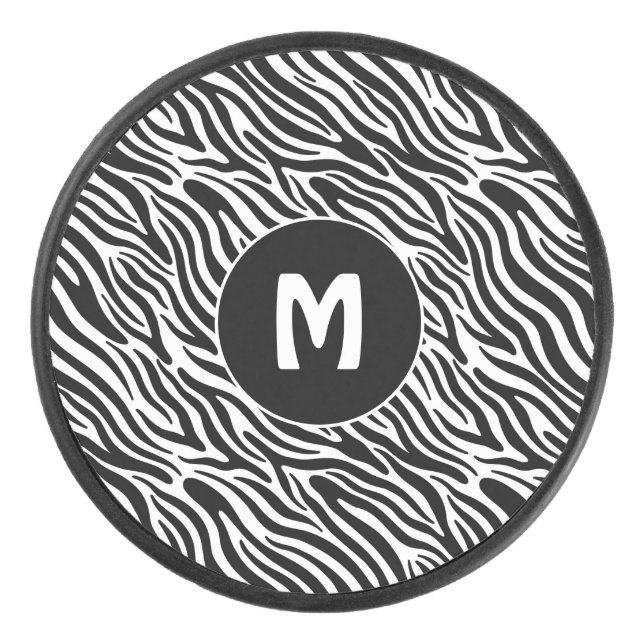 Custom Monogram Zebra Pattern Hockey Puck (Front)