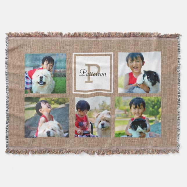 Custom Monogrammed 5 Photo Collage Burlap-Look Throw Blanket (Front)