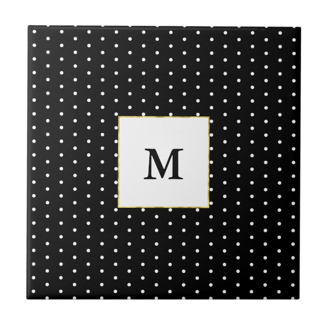 Custom Monogrammed Black and White Polka Dot Ceramic Tile (Front)