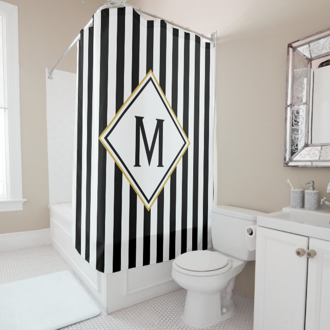Custom Monogrammed Black and White Striped Pattern Shower Curtain (In Situ)