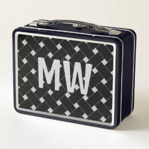 Custom Monogrammed Black and White Weaved Pattern Metal Lunch Box