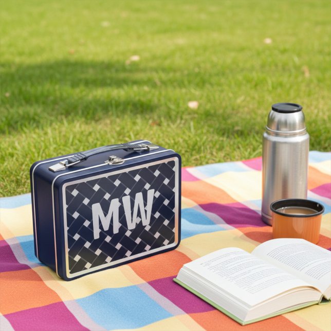 Custom Monogrammed Black and White Weaved Pattern Metal Lunch Box (Creator Uploaded)