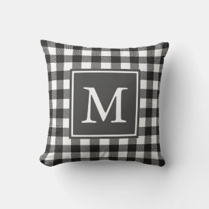 Custom Monogrammed Black & White Buffalo Plaid Cushion