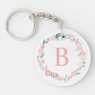 Custom Monogrammed Delicate Floral Wreath Key Ring