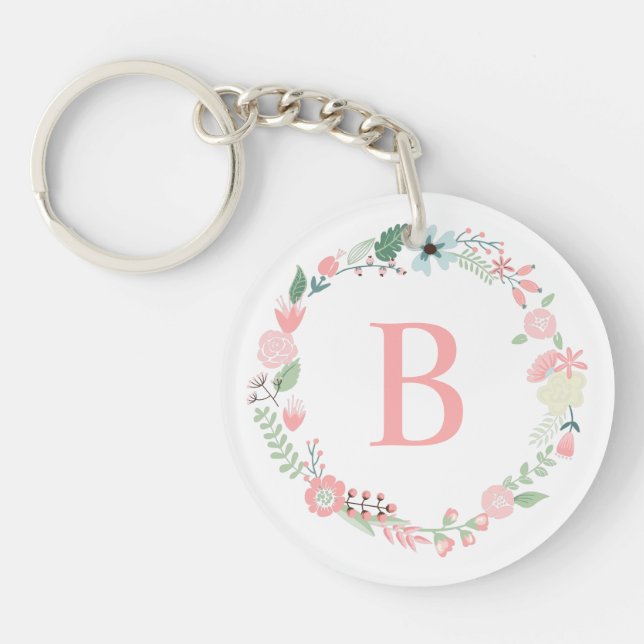 Custom Monogrammed Delicate Floral Wreath Key Ring (Front)