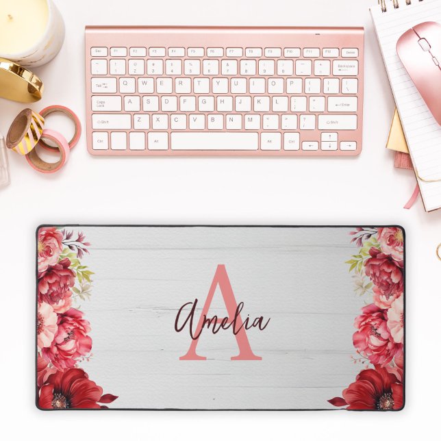 Custom Monogrammed Elegant Red Flower Desk Mat (Custom Monogrammed Elegant Red Flower Desk Mat
)