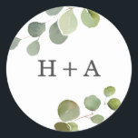 Custom Monogrammed Eucalyptus Wedding Sticker<br><div class="desc">Custom Monogrammed Eucalyptus Wedding Round Sticker</div>