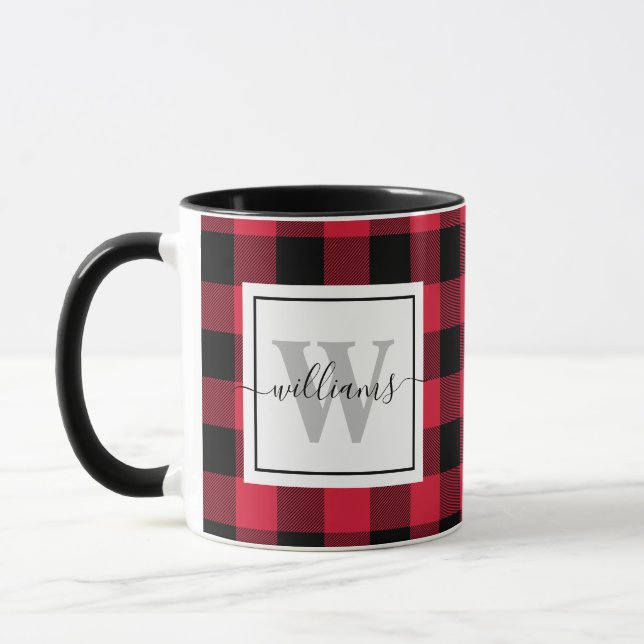 Custom Monogrammed Farmhouse Red Buffalo Plaid  Mug (Left)