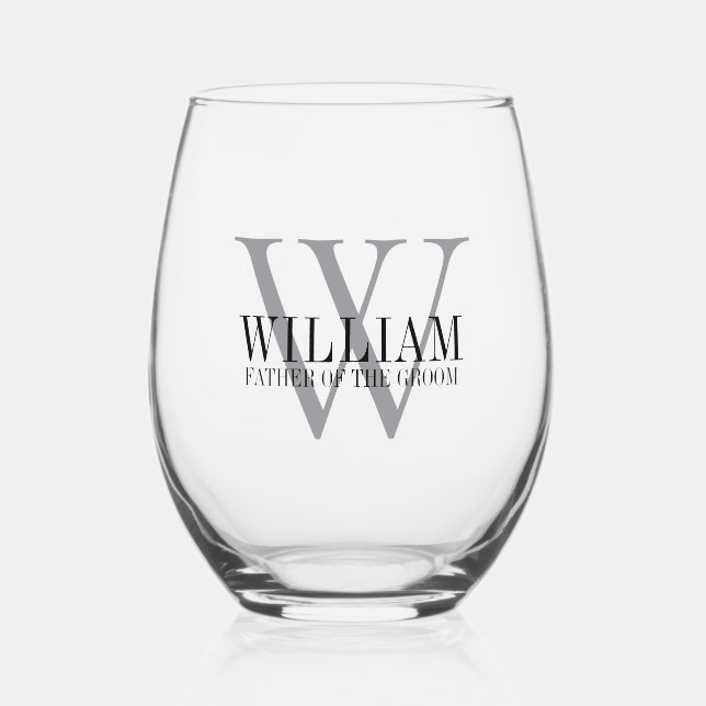 Custom Monogrammed Father of the Groom  Stemless Wine Glass (Front)