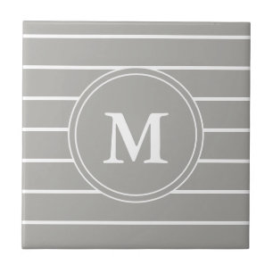 Custom Monogrammed Grey and White Stripes Ceramic Tile