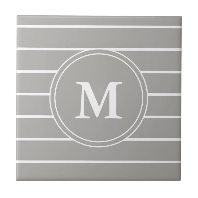 Custom Monogrammed Grey and White Stripes Ceramic Tile (Front)