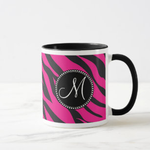 Custom Monogrammed Initial Hot Pink Black Zebra Mug
