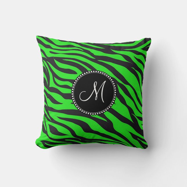 Custom Monogrammed Initial Neon Green Black Zebra Cushion (Front)