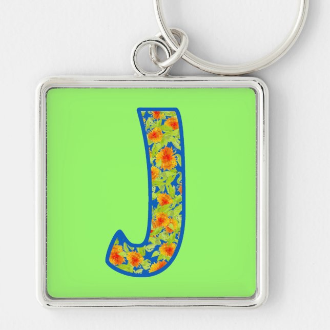 Custom Monogrammed J Keychain, Marigolds Pattern Key Ring (Front)