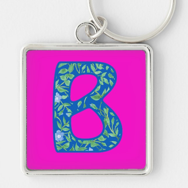 Custom Monogrammed Keychain, Blue Floral Pattern Key Ring (Front)