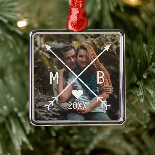Custom Monogrammed Love Heart Arrows 2023 Metal Ornament (Tree)