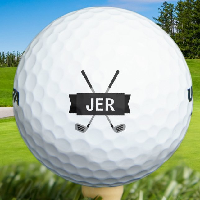 Custom Monogrammed Modern Crossed Club Black Cool Golf Balls (Custom Monogrammed Modern Crossed Club Black Cool Golf Balls)