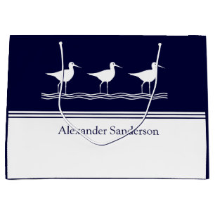 Custom Monogrammed Name Navy Blue Sandpiper Bird Large Gift Bag