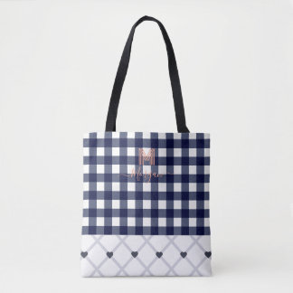 Custom Monogrammed Navy Blue Chequered Tote