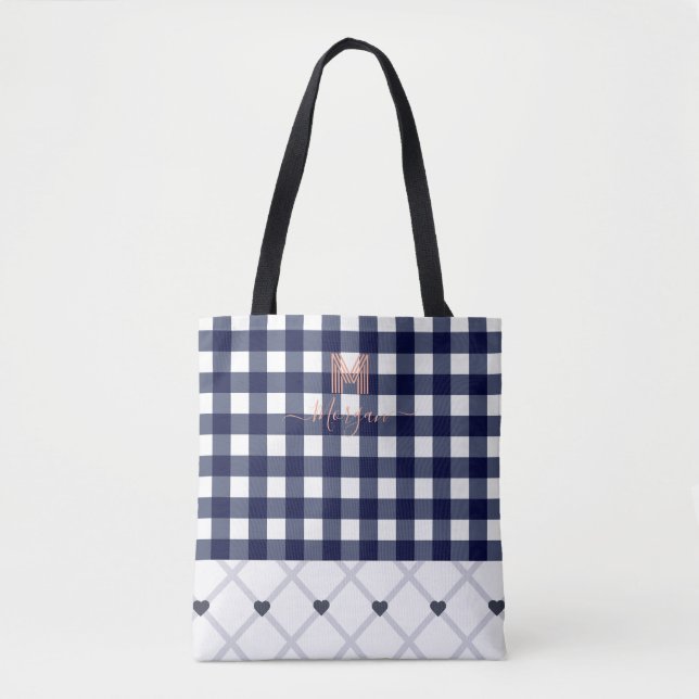 Custom Monogrammed Navy Blue Chequered Tote Bag (Front)