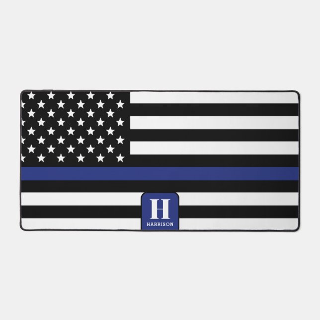 Custom Monogrammed Police Officer Thin Blue Line Desk Mat (Front)