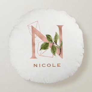 Custom Monogrammed Rose Gold Floral Initial N Round Cushion