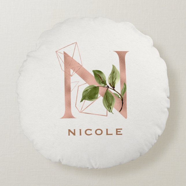 Custom Monogrammed Rose Gold Floral Initial N Round Cushion (Front)