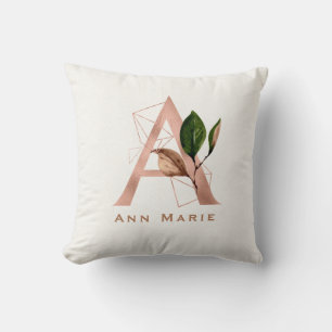Custom Monogrammed Rose Gold Floral Initial Round Cushion