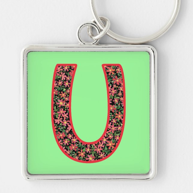 Custom Monogrammed U Keychain, Clematis Pattern Key Ring (Front)