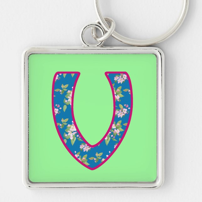 Custom Monogrammed V Keychain, Blossom Pattern Key Ring (Front)