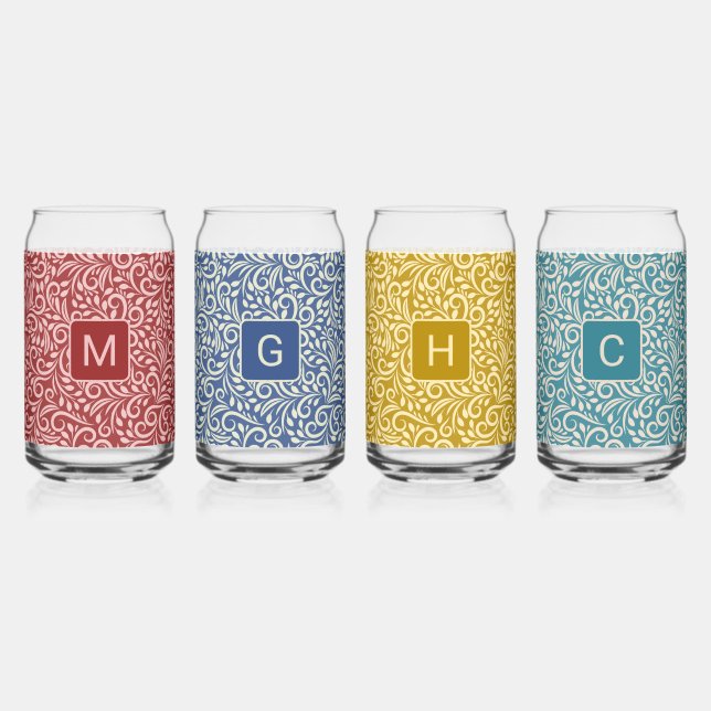 Custom Monograms Floral Pattern Can Glass (Front)