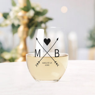 Custom Monograms Love Heart Arrows 2024 Stemless Wine Glass