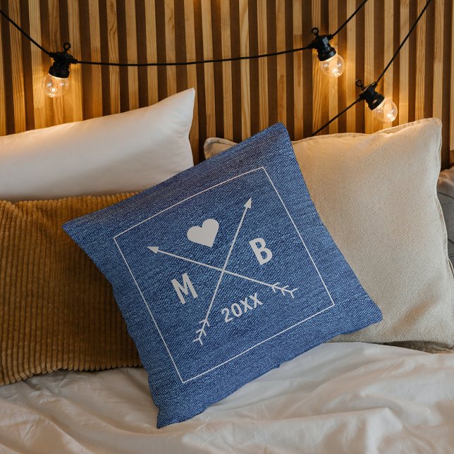 Custom Monograms Love Heart Arrows on Denim Jeans Cushion (Creator Uploaded)