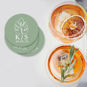 Custom Monstera Monogram Save the Date Logo Round Paper Coaster