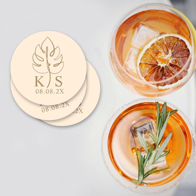 Custom Monstera Monogram Save the Date Logo Round Paper Coaster (Creator Uploaded)