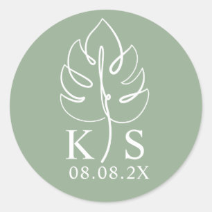 Custom Monstera Monogram Wedding Logo Classic Round Sticker