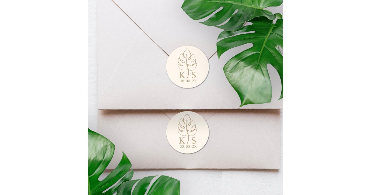 Monstera Monogram Custom Monstera Monogram Wedding Logo Classic Round Sticker | Zazzle