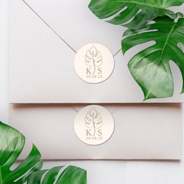 Custom Monstera Monogram Wedding Logo Classic Round Sticker (Creator Uploaded)