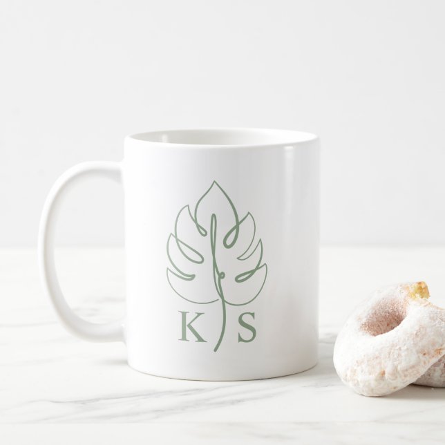 Custom Monstera Monogram Wedding Logo Coffee Mug (With Donut)