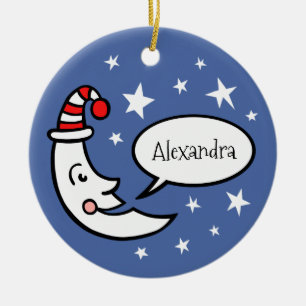 Custom Moon Face and Stars Christmas Tree Ceramic Ornament