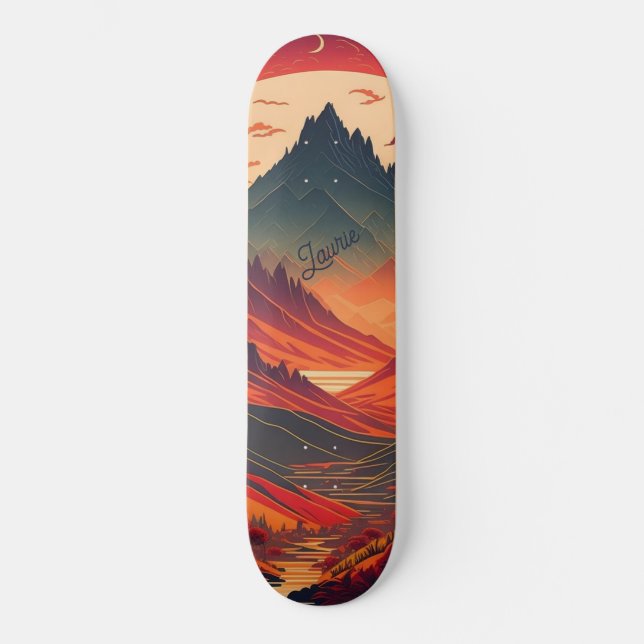 Custom moonlight mountain watercolor skateboard (Front)