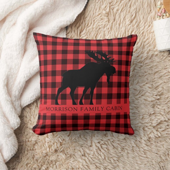 Custom Moose Family Name Red Black Plaid  Cushion (Blanket)