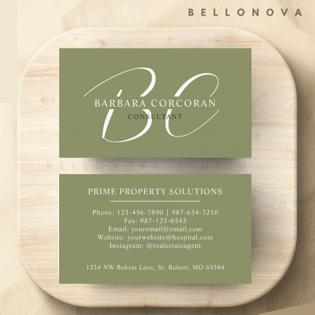 Custom Moss Sage Olive Green White Professional  Business Card (Custom Moss Sage Olive Green White Professional Business Card)