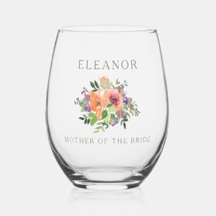 Custom MOTHER OF BRIDE Watercolor Orange Floral Stemless Wine Glass