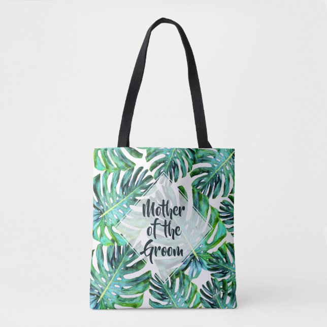 Custom Mother of Groom Tropical Leaf Greenery Tote Bag (Front)
