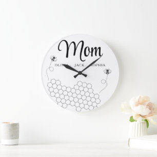 Custom Mothers Day Gift From Childrens Name Bee Large Clock