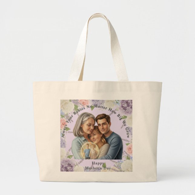 Custom Mother's day photo Always your babies Large Tote Bag (Front)