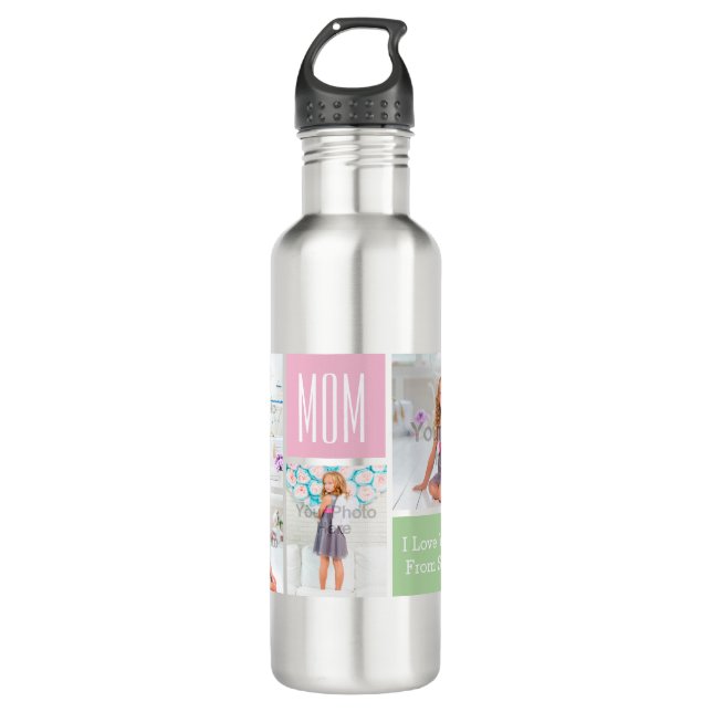 Custom Mothers Day Photo Collage Pink/Green/Grey 710 Ml Water Bottle (Front)