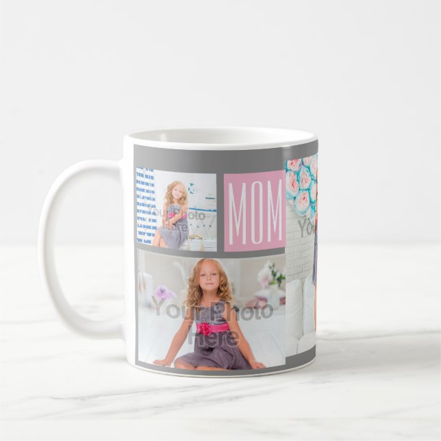 Custom Mothers Day Photo Collage Pink/Green/Grey Coffee Mug (Left)