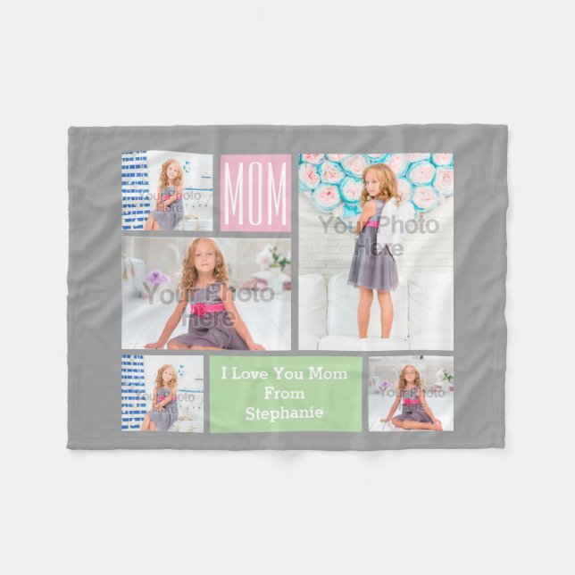 Custom Mothers Day Photo Collage Pink/Green/Grey Fleece Blanket (Front (Horizontal))